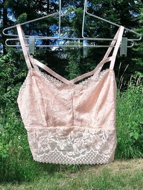 Soft Pink Floral Sheer Lace Longline Bralette Crop Top